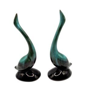 Set of 2 Vintage Blue Mountain Pottery BMP 4" Cranes Teal/Blk Drip Glaze EUC